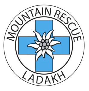Mountain Rescue Ladakh emblem with blue cross and white Edelweiss flower.